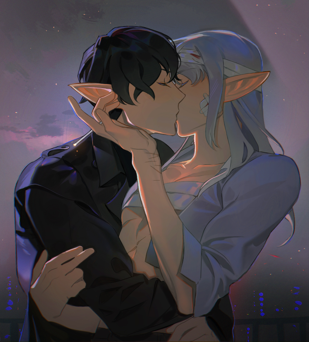2boys 3000tan abs arm_up aymeric_de_borel bandaged_chest bandages bare_pectorals black_hair black_shirt cityscape closed_eyes cloud commentary estinien_varlineau final_fantasy final_fantasy_xiv gauze gauze_on_cheek grey_hair hashtag-only_commentary kiss lapels long_hair long_pointy_ears long_sleeves male_focus multiple_boys notched_lapels open_clothes open_shirt pectorals pointy_ears profile railing shirt short_hair short_sleeves upper_body white_shirt yaoi