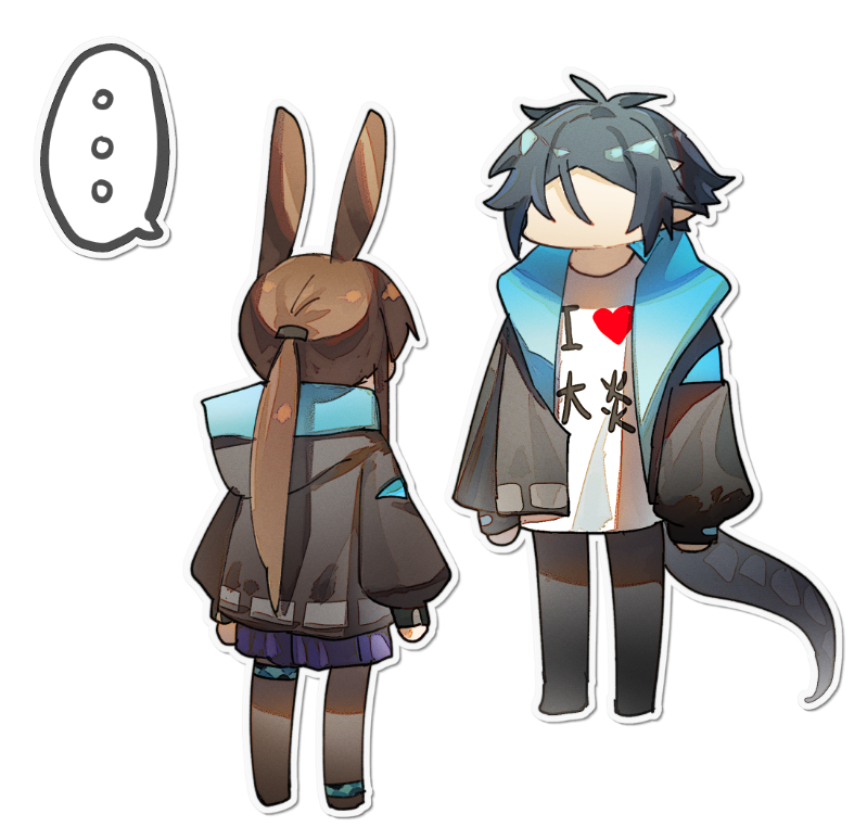 ... 1boy 1girl alternate_costume amiya_(arknights) animal_ears anklet arknights back black_pants blue_hair brown_hair brown_pantyhose chibi chibi_only clothes_writing commentary dark_blue_hair faceless faceless_male from_behind hood hooded_jacket i_heart... jacket jewelry long_hair long_sleeves miniskirt open_clothes open_jacket pants pantyhose pleated_skirt ponytail puffy_long_sleeves puffy_sleeves rabbit_ears rabbit_girl shirt skirt snake_boy snake_tail speech_bubble spoken_ellipsis tail translation_request uby401 very_long_hair white_shirt zuo_le_(arknights)