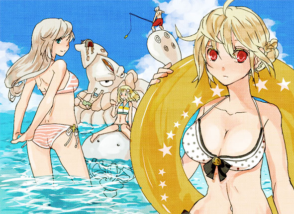 3boys 3girls alternate_costume ass bad_id bikini blonde_hair blue_eyes blue_sky breasts bun_with_braided_base cecil_damon cleavage closed_mouth cloud commentary_request eremes_guile expressionless howard_alt-eisen kathryne_keyron kraken_(ragnarok_online) lala_(sputnik) large_breasts long_hair looking_at_viewer looking_back margaretha_sorin multiple_boys multiple_girls ocean pink_bikini ragnarok_online red_eyes seyren_windsor short_hair sky smile squid swimsuit upper_body water yellow_innertube