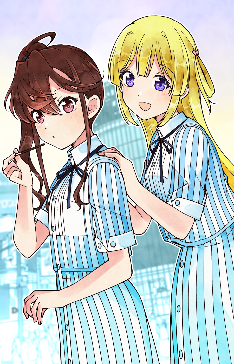 22/7 2girls :d black_bow black_bowtie black_ribbon black_scrunchie blonde_hair blush bow bowtie brown_hair dress food fujima_sakura hair_ornament hair_rings hair_scrunchie hands_on_another&#039;s_shoulders high_side_ponytail highres holding holding_food holding_pocky long_hair looking_at_viewer multiple_girls neck_ribbon one_side_up open_mouth pocky purple_eyes ribbon rikaisha scrunchie short_sleeves sidelocks single_hair_ring smile striped_clothes striped_dress toda_jun trefle_r vertical-striped_clothes vertical-striped_dress