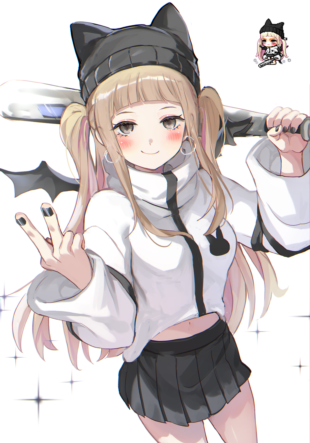1girl animal_ears animal_hat baseball_bat beanie black_hat black_nails black_skirt black_wings blush brown_hair character_request closed_mouth earrings fake_animal_ears grey_eyes hands_up hat highres holding holding_baseball_bat hoop_earrings jacket jewelry leafwow long_sleeves looking_at_viewer maplestory metal_baseball_bat mini_wings multicolored_hair nail_polish navel pink_hair pleated_skirt reference_inset simple_background skirt smile streaked_hair two_side_up v white_background white_jacket wings