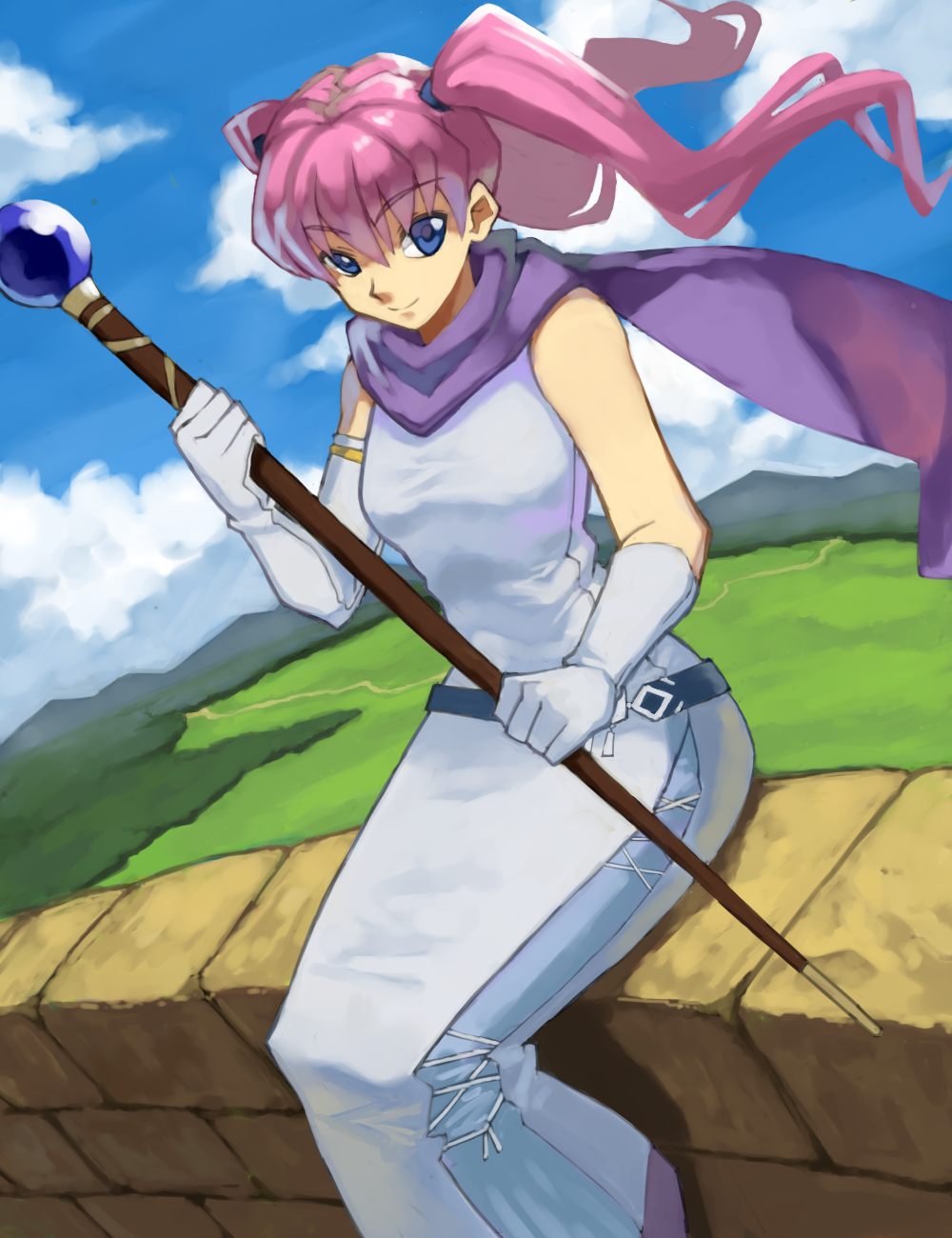 1girl breasts closed_mouth commentary_request dress elbow_gloves fire_emblem fire_emblem:_the_blazing_blade gloves hair_behind_ear highres holding holding_staff looking_at_viewer medium_breasts nintendo purple_hair serra_(fire_emblem) shino_(2919) sitting smile solo staff twintails white_dress white_gloves