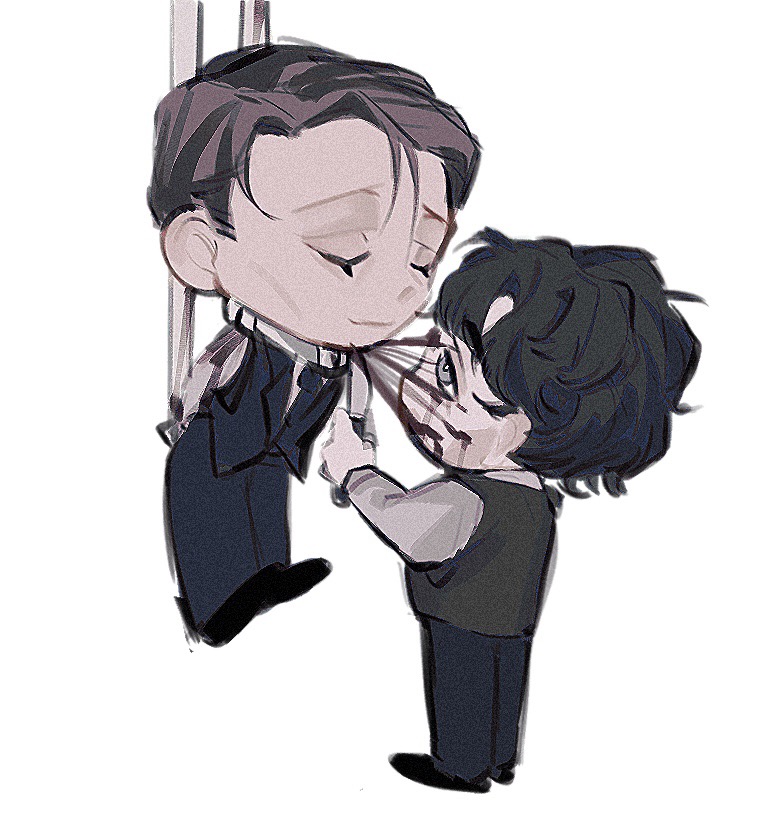 2boys animification arms_behind_back black_footwear black_hair black_necktie black_pants black_vest blood blood_on_face blood_spray brown_hair brown_vest chibi chinese_commentary closed_eyes closed_mouth collared_shirt collared_vest commentary_request eyelashes grey_eyes hanging hannibal_(tv_series) hannibal_lecter haogou_bianshang_piao high_collar holding holding_knife knife lapels long_sleeves looking_at_another male_focus messy_hair multiple_boys necktie notched_lapels pants shirt shoes short_hair simple_background slit_throat smile vest white_background white_shirt will_graham wrinkled_skin