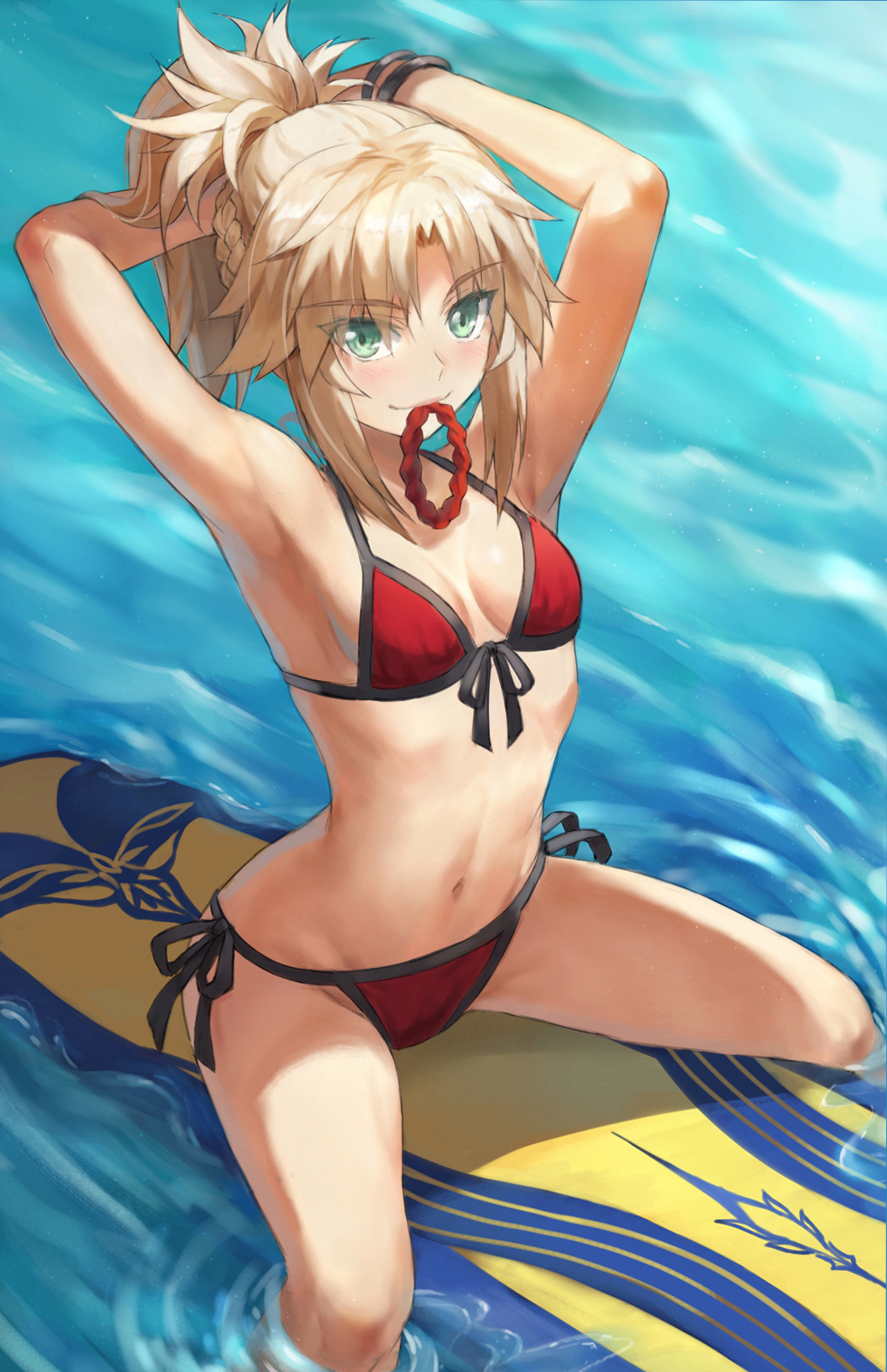 1girl armpits arms_behind_head arms_up bare_shoulders bikini blonde_hair bracelet braid breasts collarbone fate/grand_order fate_(series) female_focus green_eyes half_up_braid highres jewelry long_hair looking_at_viewer mordred_(fate) mordred_(swimsuit_rider)_(fate) mordred_(swimsuit_rider)_(first_ascension)_(fate) mouth_hold navel ocean parted_bangs ponytail prydwen_(fate) red_bikini revision sidelocks small_breasts smile solo surfboard swimsuit thighs tonee tying_hair wet