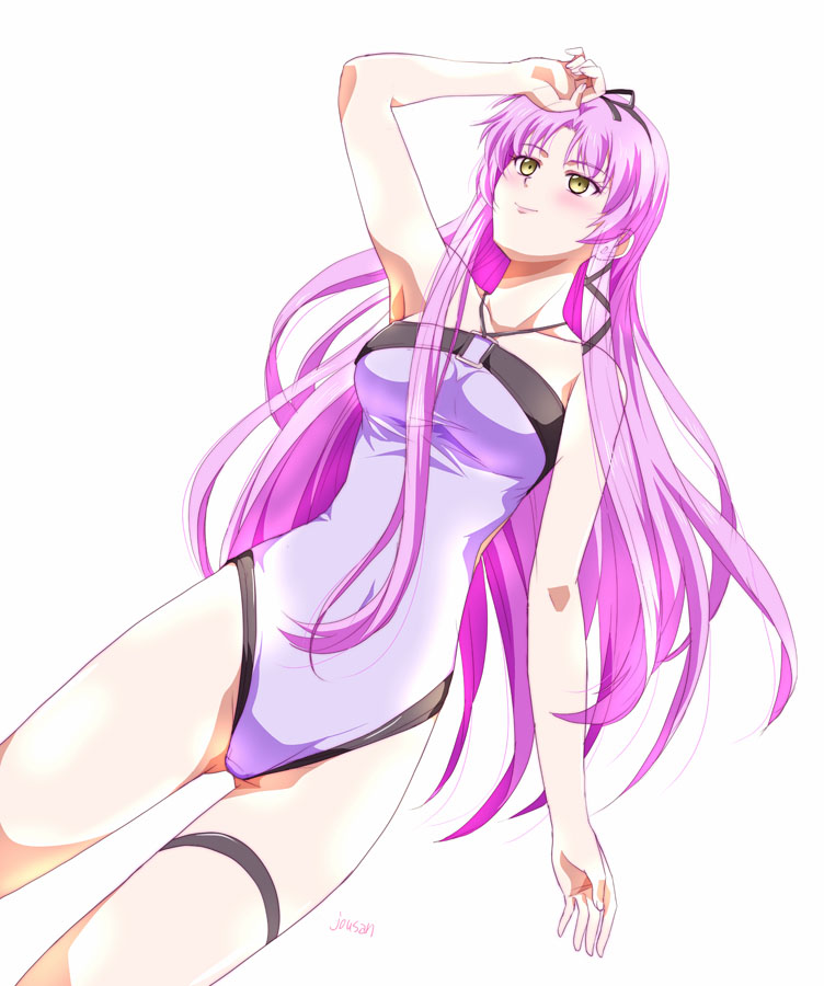 1girl artist_name bow breasts eiyuu_densetsu floating_hair hair_bow kuro_no_kiseki_(series) long_hair long_sidelocks medium_breasts one-piece_swimsuit parted_bangs purple_hair purple_one-piece_swimsuit renne_(eiyuu_densetsu) sidelocks simple_background single_sidelock smile solo swimsuit white_background xiacheng_tatsuya yellow_eyes