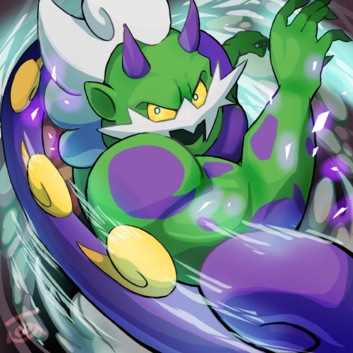 1boy colored_skin commentary_request facial_hair gen_5_pokemon green_skin horns legendary_pokemon lowres male_focus muscular muscular_male mustache nintendo pokemon pokemon_(creature) signature solo tom_(pixiv10026189) tornadus tornadus_(incarnate) watermark white_hair