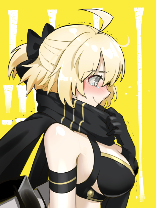 1girl bikini black_bikini black_gloves blonde_hair blush bow breasts embarrassed fate/grand_order fate_(series) gloves hair_bow kachin medium_breasts okita_j._souji_(fate) okita_j._souji_(first_ascension)_(fate) okita_souji_(fate) profile scarf swimsuit tearing_up yellow_background