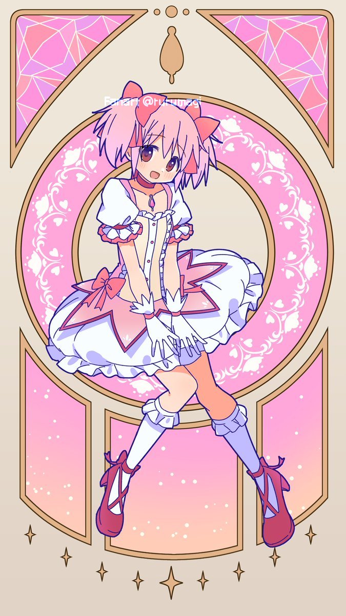 1girl bow bubble_skirt choker commentary_request dress frilled_dress frilled_socks frills full_body gloves hair_bow highres kaname_madoka kaname_madoka_(magical_girl) looking_at_viewer magical_girl mahou_shoujo_madoka_magica open_mouth pink_hair red_eyes ruru_(rurumagi) short_sleeves skirt smile socks solo soul_gem sparkle twintails