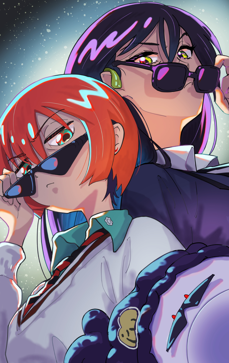 2girls adjusting_eyewear amate_yuzuriha aqua_shirt arakan black_hair black_hat blue_jacket gundam gundam_gquuuuuux haro hat highres jacket long_hair looking_at_viewer multiple_girls nyaan_(gundam_gquuuuuux) pom_pom_(clothes) red_hair shirt short_hair sky star_(sky) starry_sky sunglasses sweater white_sweater yellow_eyes