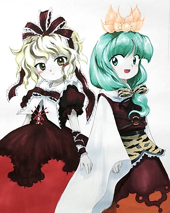 2girls animal_print arm_ribbon bad_id bad_pixiv_id black_hair blonde_hair bow cosplay costume_switch dress flower flower_on_head green_eyes green_hair hair_ornament hair_ribbon head_tilt kagiyama_hina kagiyama_hina_(cosplay) light_smile long_sleeves looking_at_another looking_at_viewer multicolored_hair multiple_girls parody puffy_short_sleeves puffy_sleeves ribbon robe short_sleeves shu_(loveeater) simple_background sleeveless sleeveless_dress smile style_parody tiger_print toramaru_shou toramaru_shou_(cosplay) touhou traditional_media two-tone_hair wide_sleeves yellow_eyes zun_(style)