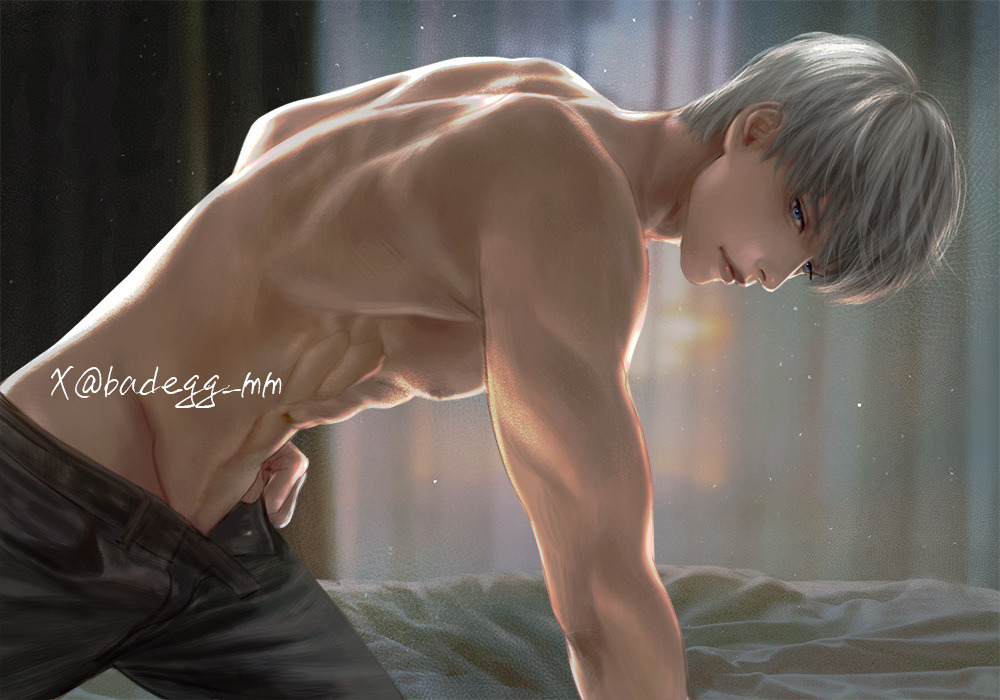 1boy badegg-mm bed black_pants blue_eyes curtains dark_nipples from_side grey_hair indoors looking_at_viewer love_and_deepspace male_focus nipples on_bed open_fly pants pectorals solo toned topless_male turning_head twitter_username xavier_(love_and_deepspace)