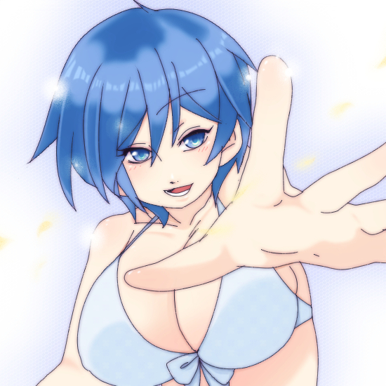 1girl bikini blue_eyes blue_hair fanloid kaiko_(vocaloid) looking_at_viewer swimsuit vocaloid white_bikini