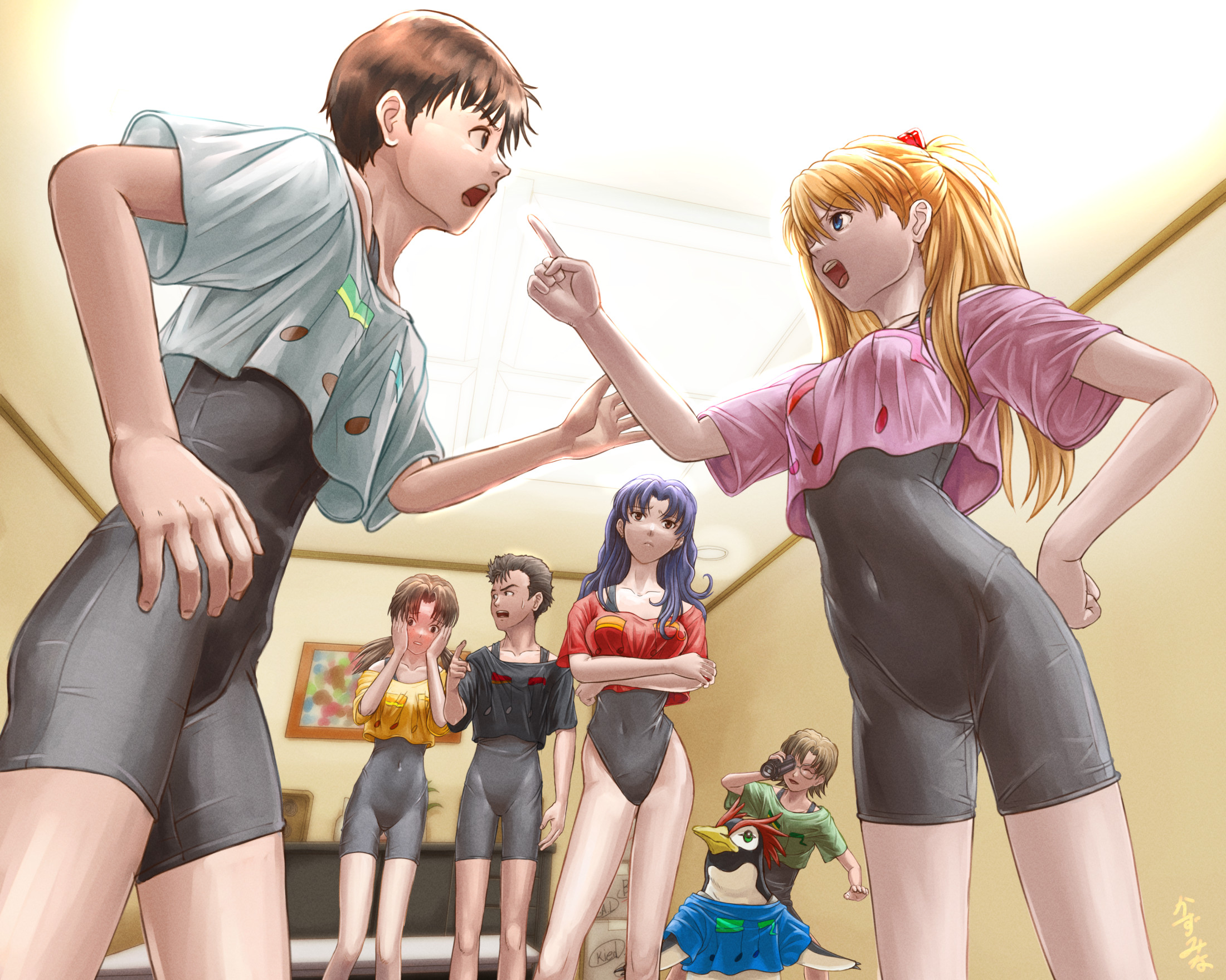 3girls 4boys aida_kensuke alternate_costume ass bird black_bodysuit black_leotard blue_hair bodysuit closed_mouth hair_between_eyes highres horaki_hikari ikari_shinji indoors jacket katsuragi_misato kazumina leotard looking_at_another looking_at_viewer low_twintails multiple_boys multiple_girls musical_note musical_note_print neon_genesis_evangelion official_alternate_costume orange_hair penguin penpen pervert purple_hair recording red_eyes red_jacket short_hair souryuu_asuka_langley suzuhara_touji twintails wide_hips