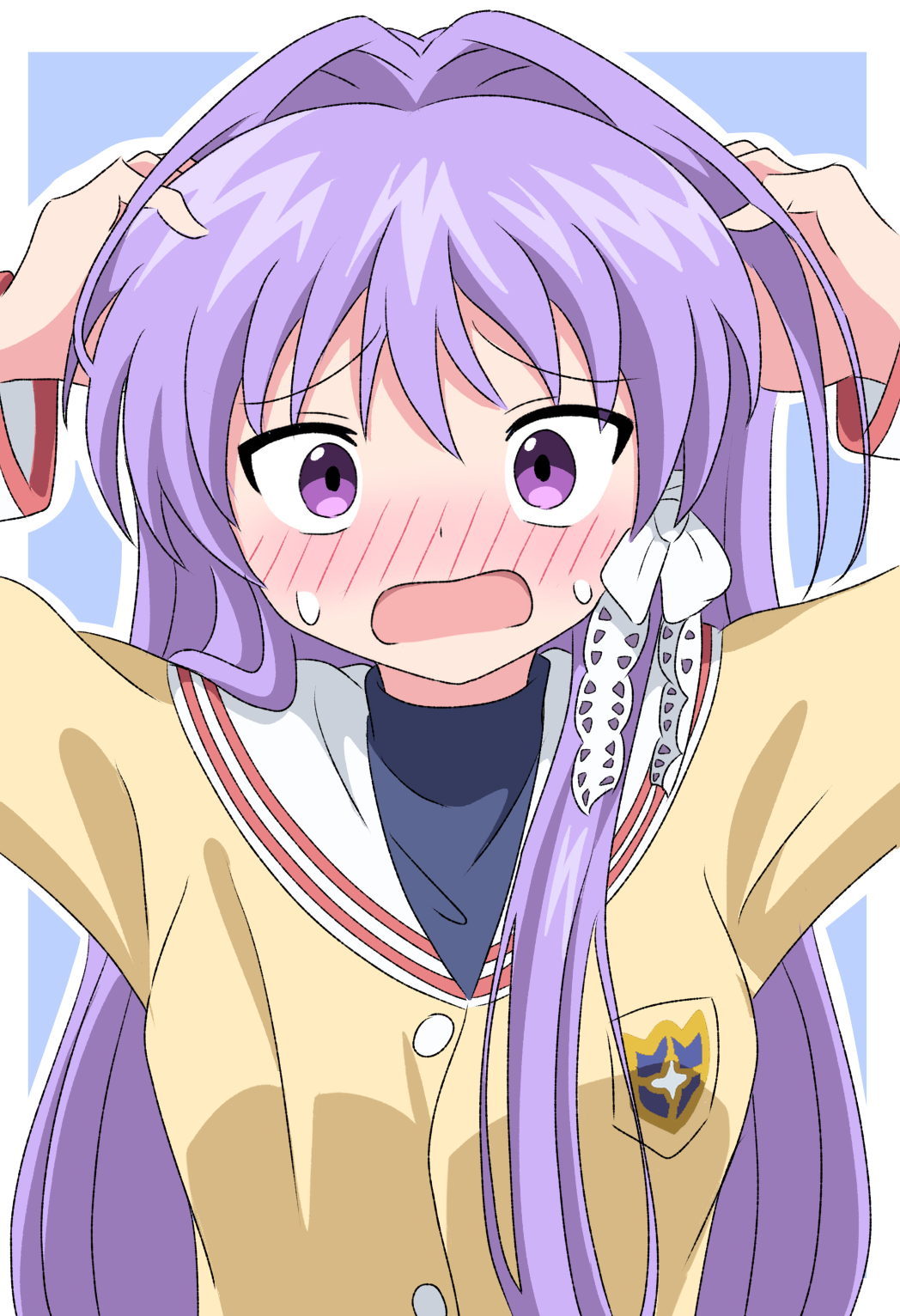 1girl arms_up badge blush clannad commentary embarrassed fujibayashi_kyou full-face_blush furrowed_brow hair_between_eyes hair_intakes hair_ribbon hands_on_own_head highres hikarizaka_private_high_school_uniform jacket lace lace-trimmed_ribbon lace_trim long_hair long_sleeves looking_at_viewer nose_blush open_mouth purple_eyes purple_hair ribbon sailor_collar school_uniform serafuku silky_(silky_illust) solo straight-on straight_hair sweatdrop tress_ribbon tsurime upper_body very_long_hair white_ribbon white_sailor_collar wide-eyed yellow_jacket