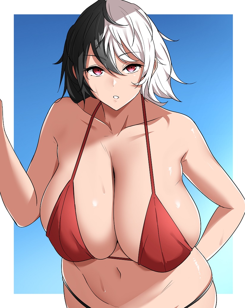 1girl azur_lane bad_id bad_pixiv_id bare_shoulders bikini black_hair blue_background breasts bruenhilde_(azur_lane) collarbone hand_up huge_breasts looking_at_viewer multicolored_hair nabe_taro navel outline parted_lips red_bikini red_eyes short_hair simple_background solo split-color_hair stomach swimsuit white_hair white_outline