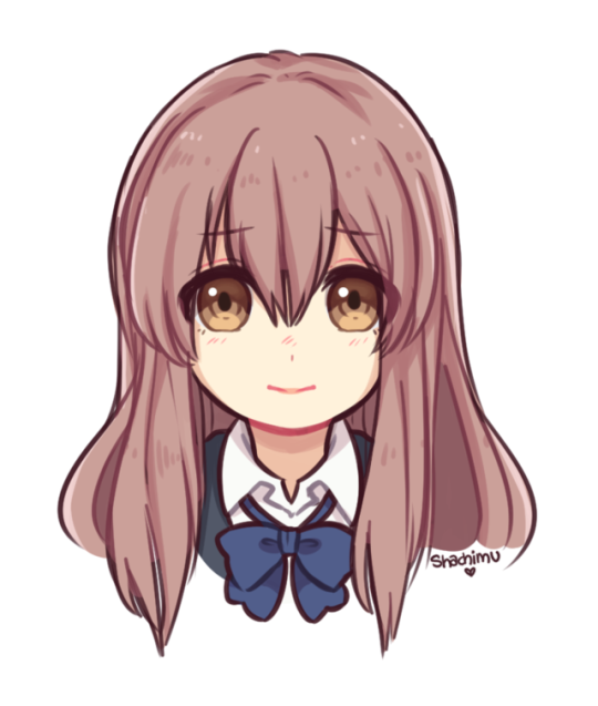 1girl artist_name blue_bow blue_bowtie bow bowtie brown_eyes brown_hair commentary eyes_visible_through_hair heart koe_no_katachi long_hair nishimiya_shouko portrait school_uniform shachi_(shachimu) signature smile solo