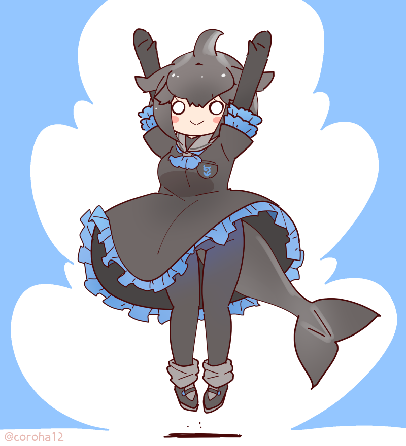 1girl arms_up black_hair blue_background cetacean_tail coroha dress elbow_gloves fins fish_tail full_body gloves head_fins jumping kemono_friends kemono_friends_3 looking_at_viewer pantyhose sailor_collar sailor_dress shoes short-finned_pilot_whale_(kemono_friends) short_hair simple_background socks solo tail whale_girl