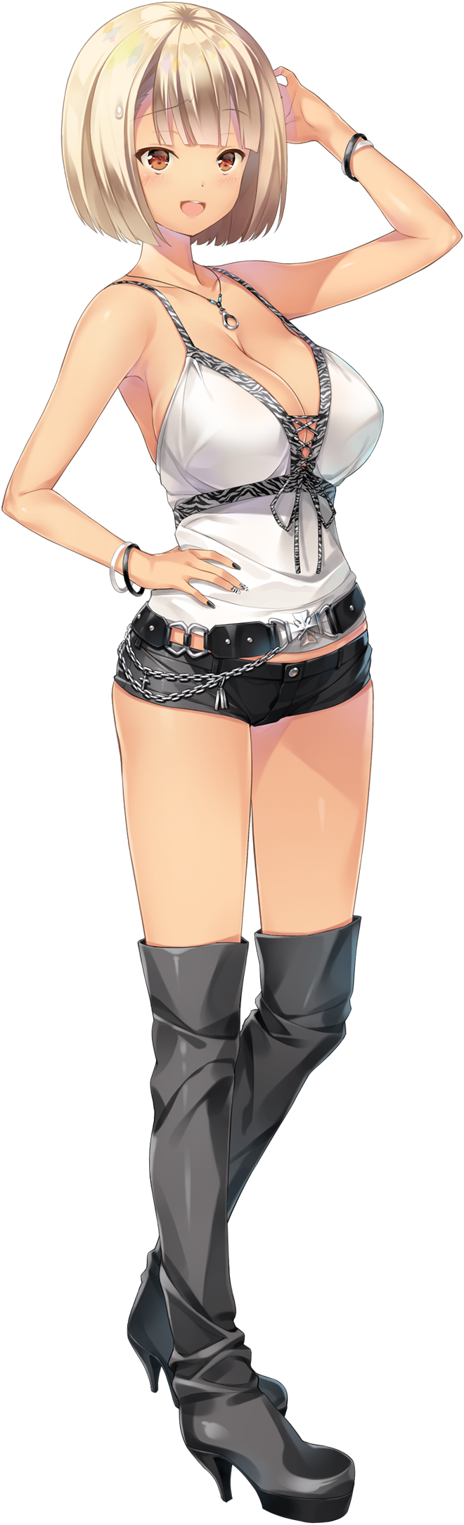 ashishun belt belt_skirt black_thighhighs blonde_hair blush bob_cut boots bracelet breasts chain cleavage full_body hand_on_own_hip hand_to_head high_heels highres jc_(ouchi_ni_kaeru_made_ga_mashimaro_desu) jewelry large_breasts nail_polish necklace open_mouth ouchi_ni_kaeru_made_ga_mashimaro_desu over-kneehighs red_eyes round_teeth short_hair short_shorts shorts sweatdrop teeth thigh_boots thighhighs transparent_background