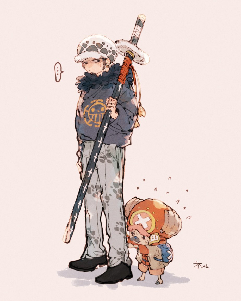 ... 2boys akuta_ji antlers bag black_footwear commentary_request cross denim earrings facial_hair flying_sweatdrops full_body fur-trimmed_hoodie fur_trim goatee hat holding holding_sword holding_weapon hood hoodie horns jeans jewelry male_focus multiple_boys one_piece pants reindeer_antlers shoulder_bag sideburns simple_background sweatdrop sword tony_tony_chopper trafalgar_law weapon