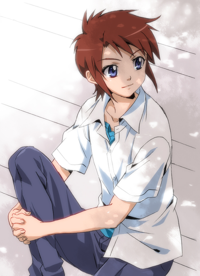00s 1boy androgynous blue_eyes blue_pants brown_hair interlocked_fingers leg_hold looking_away male_focus matumoto_mouse my-hime pants shade short_hair short_sleeves sitting solo tokiha_takumi