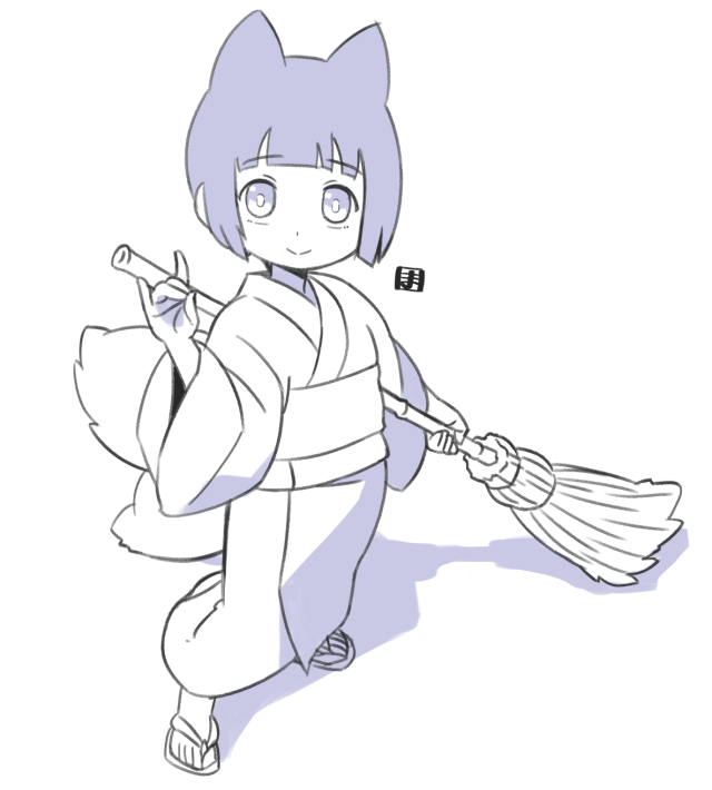 1girl animal_ears bamboo_broom broom closed_mouth commentary_request fox_ears fox_girl fox_tail full_body greyscale holding holding_broom japanese_clothes kimono kitsune kukuri_(mawaru) long_sleeves looking_at_viewer mawaru_(mawaru) monochrome multiple_tails original sandals shadow short_hair simple_background smile solo standing tail two_tails white_background wide_sleeves zouri