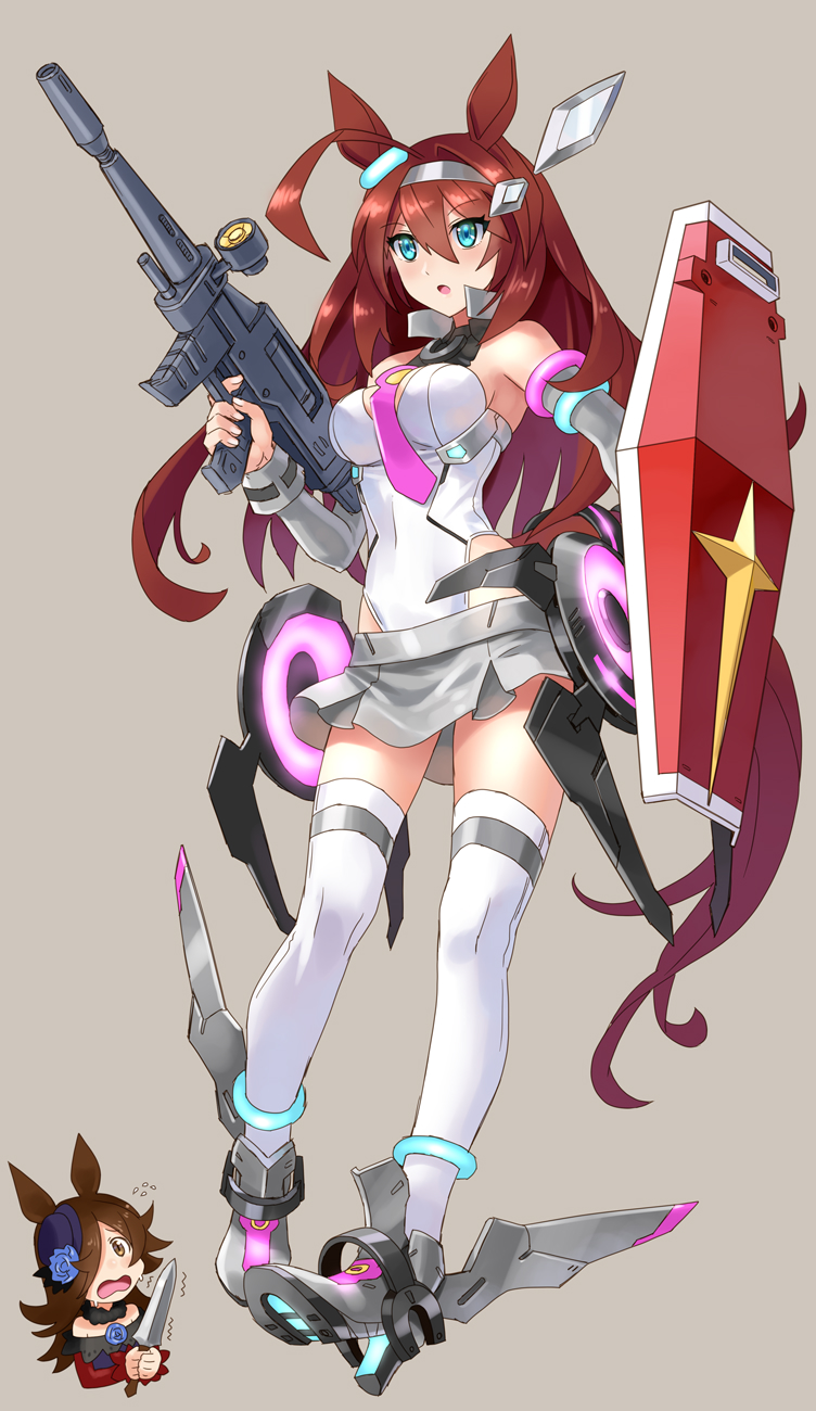 2girls ahoge animal_ears armor beam_rifle black_hair blue_eyes blue_flower blue_headwear blue_rose breasts brown_hair chibi chibi_inset commentary covered_navel cropped_torso dagger detached_sleeves dress duplicate ear_ornament energy_gun floating flower flying_sweatdrops frown fur_collar greaves grey_background grey_footwear grey_hairband grey_leotard grey_skirt grey_sleeves gun gundam hair_ornament hair_over_one_eye hairband hat hat_flower highleg highleg_leotard highres holding holding_dagger holding_gun holding_knife holding_shield holding_weapon horse_ears horse_girl katahira_masashi knife leotard long_bangs long_hair looking_at_another looking_to_the_side medium_breasts microskirt mihono_bourbon_(umamusume) mobile_suit_gundam multiple_girls necktie off-shoulder_dress off_shoulder open_mouth pink_necktie pixel-perfect_duplicate purple_dress purple_eyes rice_shower_(umamusume) rigging rose rx-78-2_gundam shield simple_background skirt sleeveless sweatdrop thighhighs tilted_headwear trembling umamusume weapon white_thighhighs