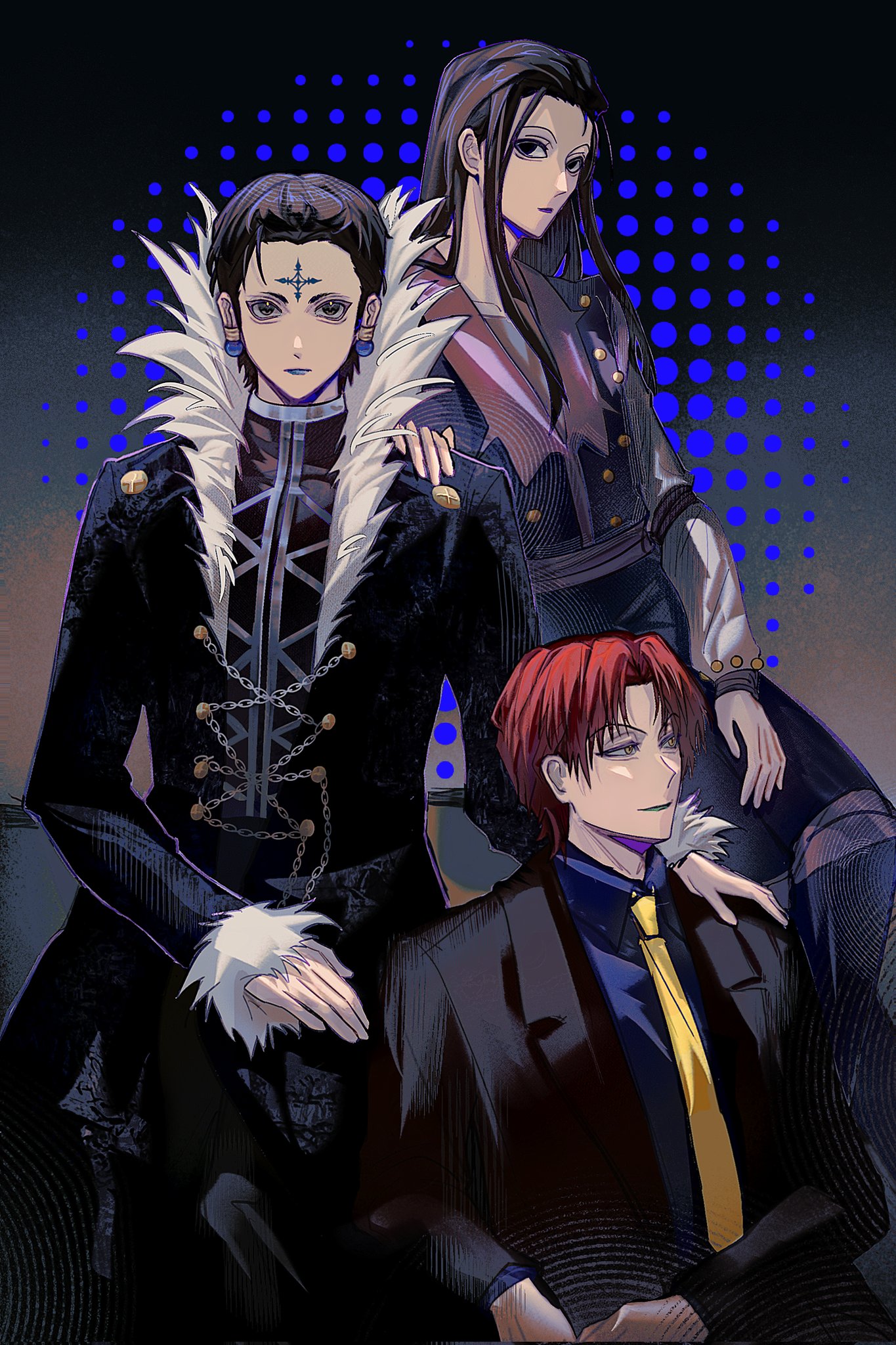 3boys black_hair black_jacket blue_lips blue_shirt chrollo_lucilfer closed_mouth collared_shirt earrings facial_mark forehead_mark fur-trimmed_jacket fur_trim grose hand_on_another's_shoulder highres hisoka_morow hunter_x_hunter illumi_zoldyck jacket jewelry long_hair male_focus multiple_boys necktie parted_bangs red_hair shirt short_hair sidelocks smile suit_jacket upper_body yellow_necktie