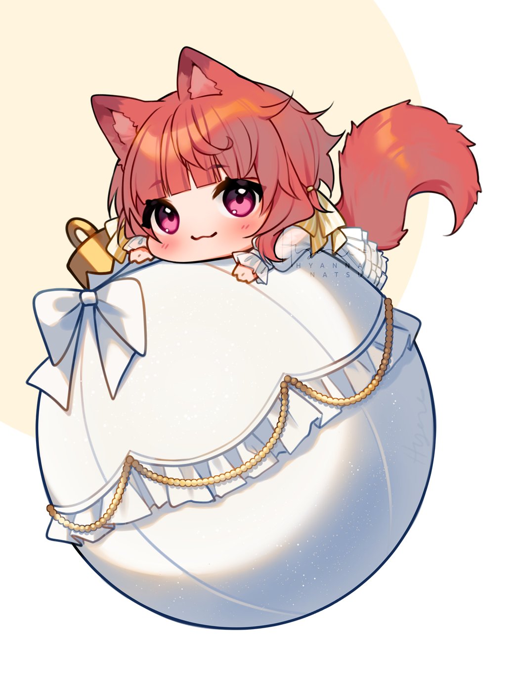 1girl :3 animal_ear_fluff animal_ears argyle_clothes artist_name blunt_bangs blush bow chibi christmas_ornaments circle closed_mouth commentary dress english_commentary eyelashes fox_ears fox_girl fox_tail frilled_dress frilled_sleeves frills hair_bow happy highres hyanna-natsu long_dress long_sleeves loose_hair_strand mini_person minigirl orange_hair original pink_eyes pleated_dress puffy_long_sleeves puffy_sleeves short_hair_with_long_locks smile solo striped_bow tail watermark white_background white_bow white_dress ych_commission yellow_bow