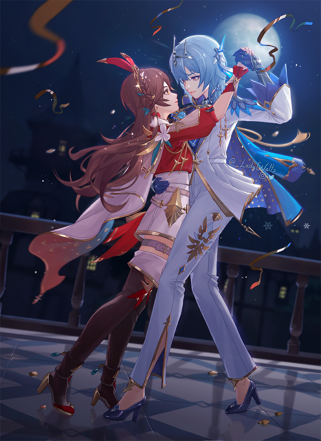 2girls alternate_costume amber_(genshin_impact) blue_footwear blue_gloves blue_hair boots brown_hair cape circlet closed_mouth dancing earrings eula_(genshin_impact) formal_clothes genshin_impact gloves hair_ribbon high_heels highres holding_hands jacket jewelry ladywaltz long_hair looking_at_another moon multiple_girls night night_sky pants red_jacket ribbon shorts sky thigh_boots thighhighs white_shorts yellow_eyes yuri
