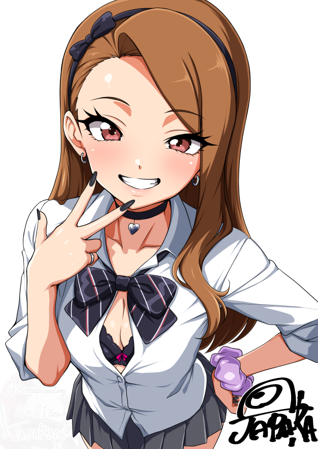 1girl black_bow black_bowtie black_bra black_choker black_nails bow bowtie bra breasts brown_hair choker cleavage collarbone collared_shirt commentary_request earrings grey_skirt hand_on_own_hip idolmaster jabara_tornado jewelry long_hair looking_at_viewer medium_breasts minase_iori partially_unbuttoned pleated_skirt ring scrunchie shirt signature simple_background skirt smile solo standing underwear w white_background white_shirt wrist_scrunchie