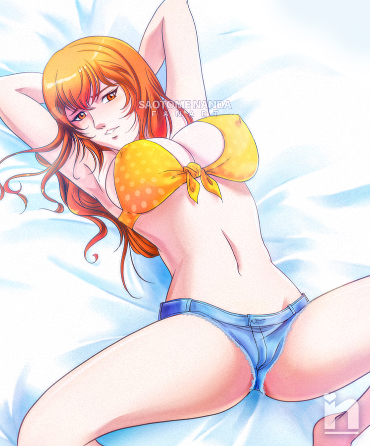 1girl armpits artist_logo artist_name bed bikini bikini_top_only breasts cleavage denim denim_shorts joy_(shenmue) large_breasts legs logo long_hair lying navel nipples on_back orange_eyes orange_hair saotome_nanda sega shenmue shenmue_ii shenmue_the_animation shiny_skin shorts sleeveless smile spread_legs swimsuit thighs