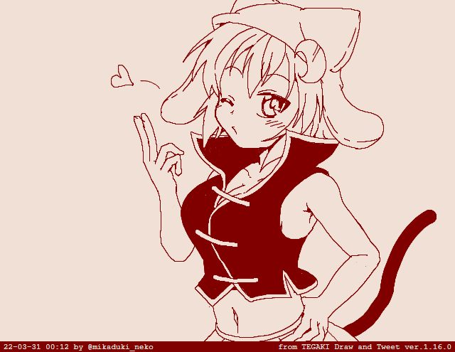 1girl blowing_kiss breasts cat_girl cat_tail cleavage commentary_request crescent crescent_hair_ornament crop_top cropped_vest dated hair_ornament hat heart large_breasts midriff mikazuki_neko mikazuki_neko_(character) navel one_eye_closed original pleated_skirt skirt solo tail tegaki_draw_and_tweet twitter_username underwear vest