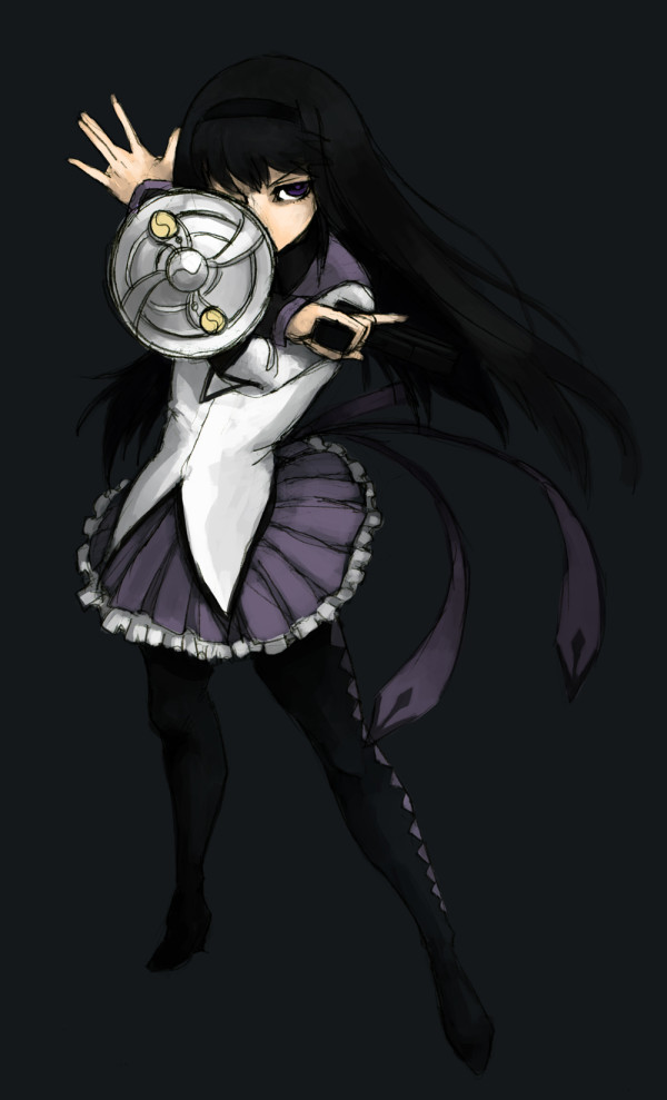 10s 1girl \n/ akemi_homura akemi_homura_(magical_girl) argyle_clothes argyle_pantyhose black_hair female_focus fighting_stance food_fighter_441 gun hairband handgun long_hair magical_girl mahou_shoujo_madoka_magica mahou_shoujo_madoka_magica_(anime) miniskirt one_eye_covered pantyhose pistol purple_eyes ribbon shield skirt solo trigger_discipline weapon