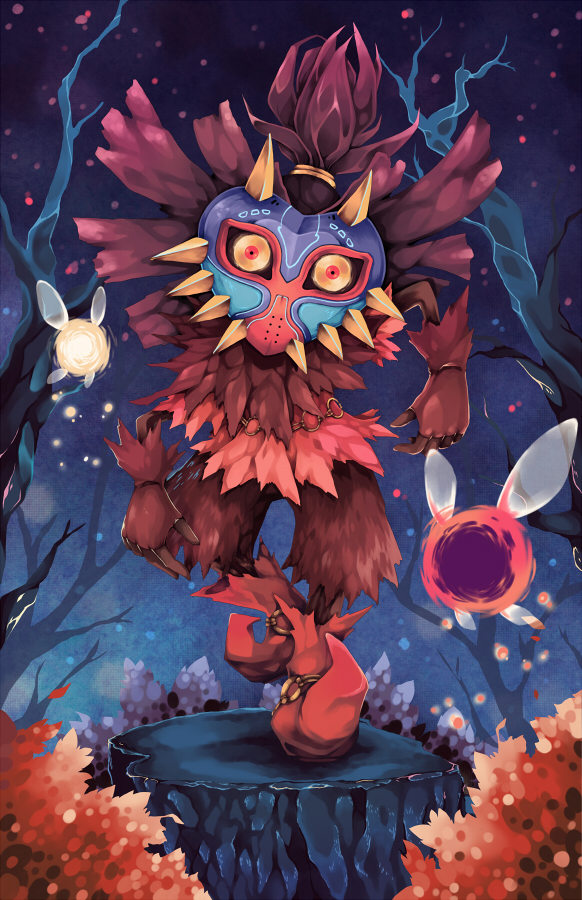 colored_sclera commentary corruption crescent crescent_print dark_persona english_commentary fairy fairy_wings fingerless_gloves gloves hodremlin_(artist) horns looking_at_viewer majora_(entity) mask nintendo orange_sclera ponytail possessed red_eyes skull_kid standing tael tatl the_legend_of_zelda the_legend_of_zelda:_majora&#039;s_mask wings
