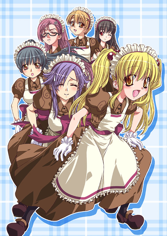 2000s_(style) 6+girls anger_vein apron black-framed_eyewear black_hair black_pantyhose blonde_hair blossom_(ragnarok_online) blue_background blush breasts brown_dress brown_footwear choo_choo_train closed_eyes commentary_request curly_sue dress flat_chest frilled_apron frilled_gloves frills full_body glasses gloves hair_bobbles hair_ornament high_ponytail ishihara_masumi jasmine_(ragnarok_online) kafra_uniform large_breasts leilah_(ragnarok_online) long_bangs long_hair maid maid_headdress medium_breasts multiple_girls one_eye_closed open_mouth pantyhose pavianne_(ragnarok_online) pink_hair plaid_background ponytail puffy_short_sleeves puffy_sleeves purple_hair ragnarok_online red_eyes red_sash roxie_(ragnarok_online) sash semi-rimless_eyewear shoes short_hair short_sleeves smile sweatdrop swept_bangs twintails under-rim_eyewear white_apron white_gloves yellow_eyes