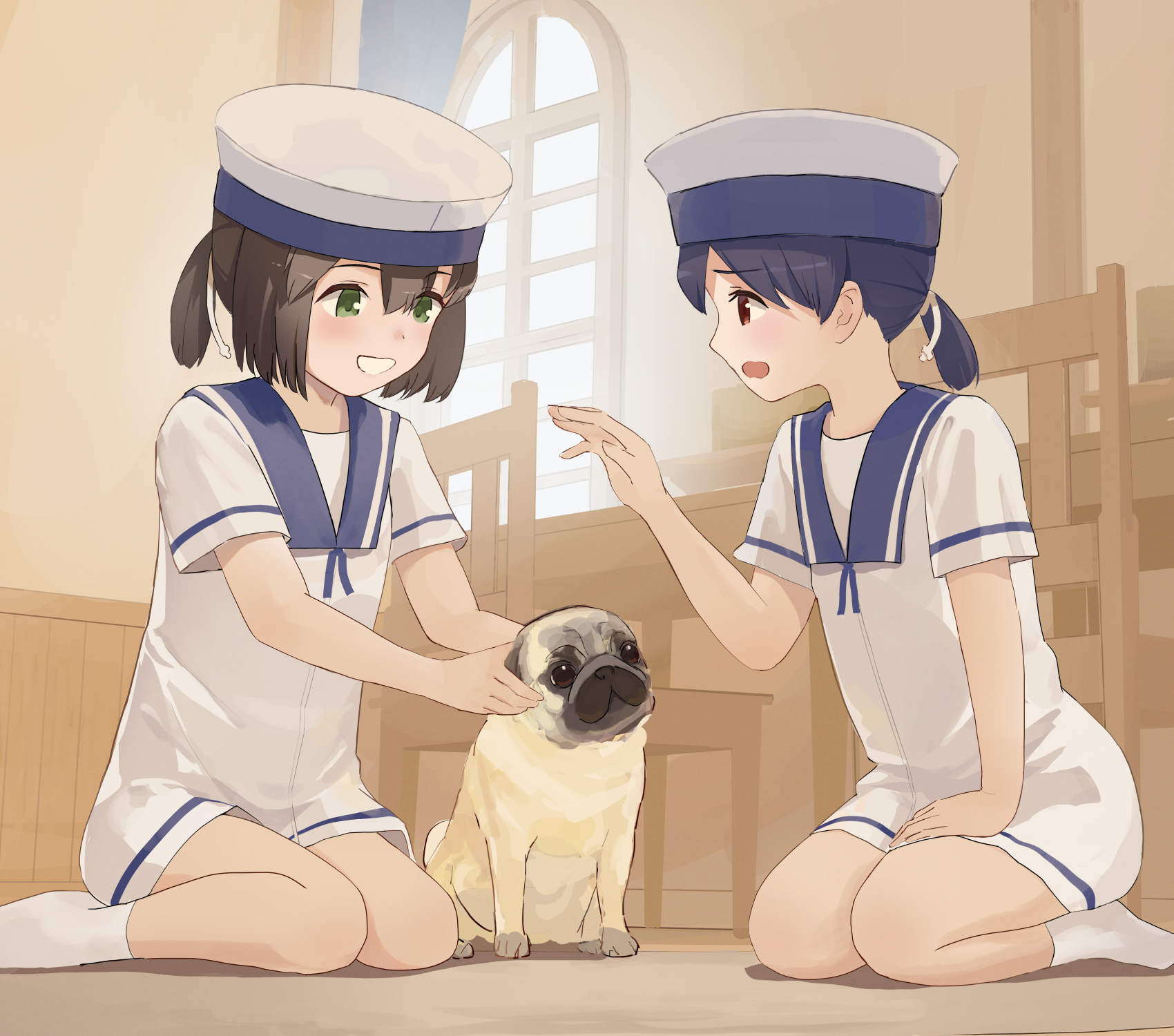2girls black_hair blush brown_hair chair commission daitou_(kancolle) dog dress green_eyes hat hiburi_(kancolle) highres indoors kantai_collection multiple_girls on_floor open_mouth pixiv_commission ponytail pug red_eyes sailor_collar sailor_dress sailor_hat short_ponytail short_sleeves sitting socks table white_dress white_socks window yuu+
