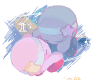 black_footwear closed_eyes colored_skin commentary_request face-to-face gemini_(symbol) gemini_(zodiac) grey_skin hair_ornament headband holding_hands kananishi kirby kirby_(series) light_blush lowres nintendo no_humans pillar pink_skin red_footwear shadow_kirby shoes simple_background space star_(symbol) star_hair_ornament white_background white_headband zodiac