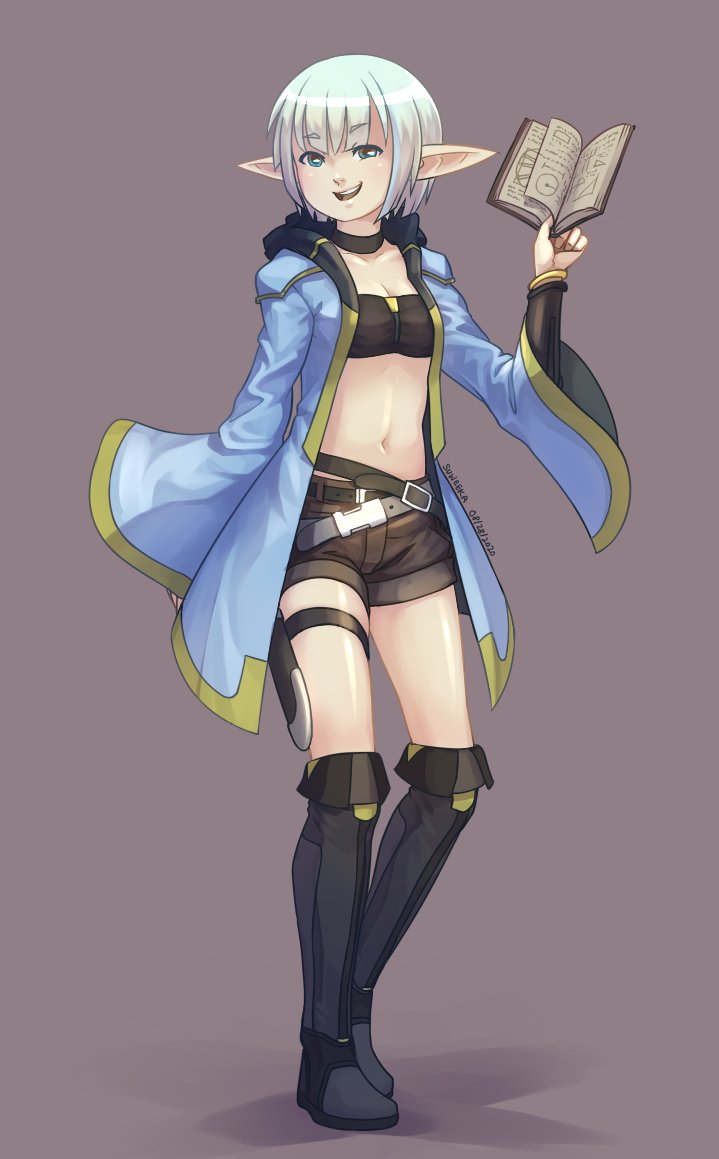 1girl belt black_choker black_footwear blue_eyes blue_jacket book character_request choker commentary copyright_request dagger dated full_body holding holding_book jacket knife knife_sheath looking_at_viewer midriff navel open_clothes open_jacket pointy_ears purple_background sheath short_hair shorts signature simple_background smile solo strapless suweeka teeth tube_top upper_teeth_only weapon white_hair wide_sleeves