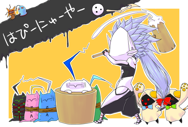 &gt;_&lt; 1boy :d alternate_color arakune blazblue closed_eyes food haiero hakumen hammer happy_new_year kaka_kittens mallet mochi mochitsuki new_year o_o open_mouth pakumen smile wagashi you&#039;re_doing_it_wrong yuuki_terumi zea
