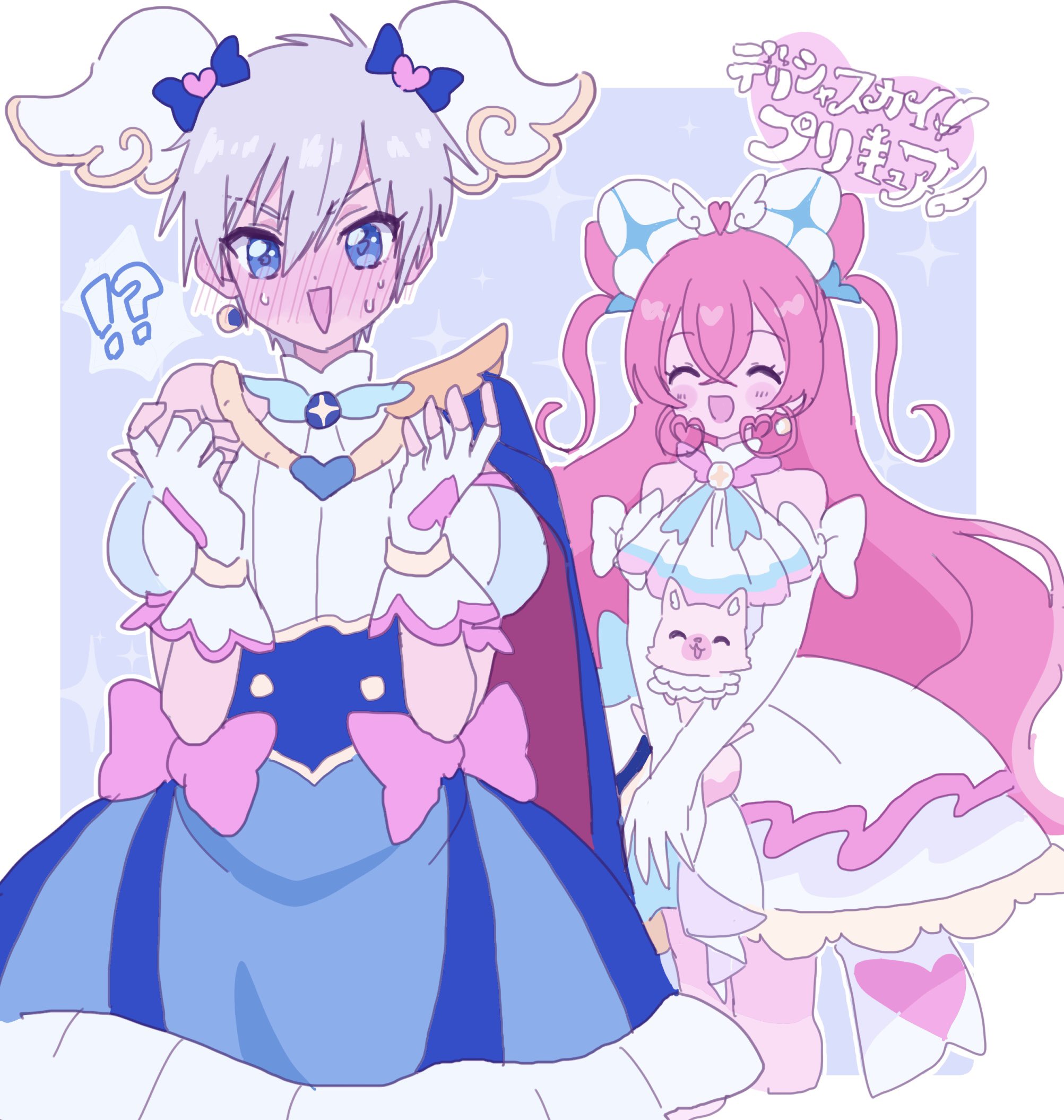 1boy 1girl ascot black_pepper_(precure) blue_cape blue_eyes blush bow cape closed_eyes cone_hair_bun cosplay crossdressing cure_precious cure_prism cure_prism_(cosplay) cure_sky cure_sky_(cosplay) delicious_party_precure dress earrings elbow_gloves fingerless_gloves glove_bow gloves grey_hair hair_bun hair_ornament highres hirogaru_sky!_precure jewelry magical_girl nagomi_yui pink_bow pink_hair precure shinada_takumi tapi_(pnkt_yksb) two_side_up white_ascot white_dress white_gloves wing_hair_ornament