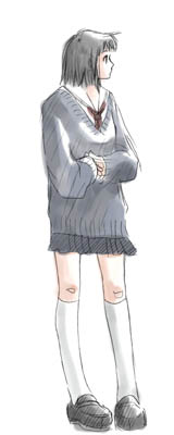 1girl bad_id black_eyes black_hair black_shoes black_skirt facing_to_the_side full_body grey_sweater hands_up kneehighs long_sleeves lowres necktie no_mouth original own_hands_together red_necktie rendezvous school_uniform serafuku shoes simple_background sketch skirt socks solo sweater white_background white_socks