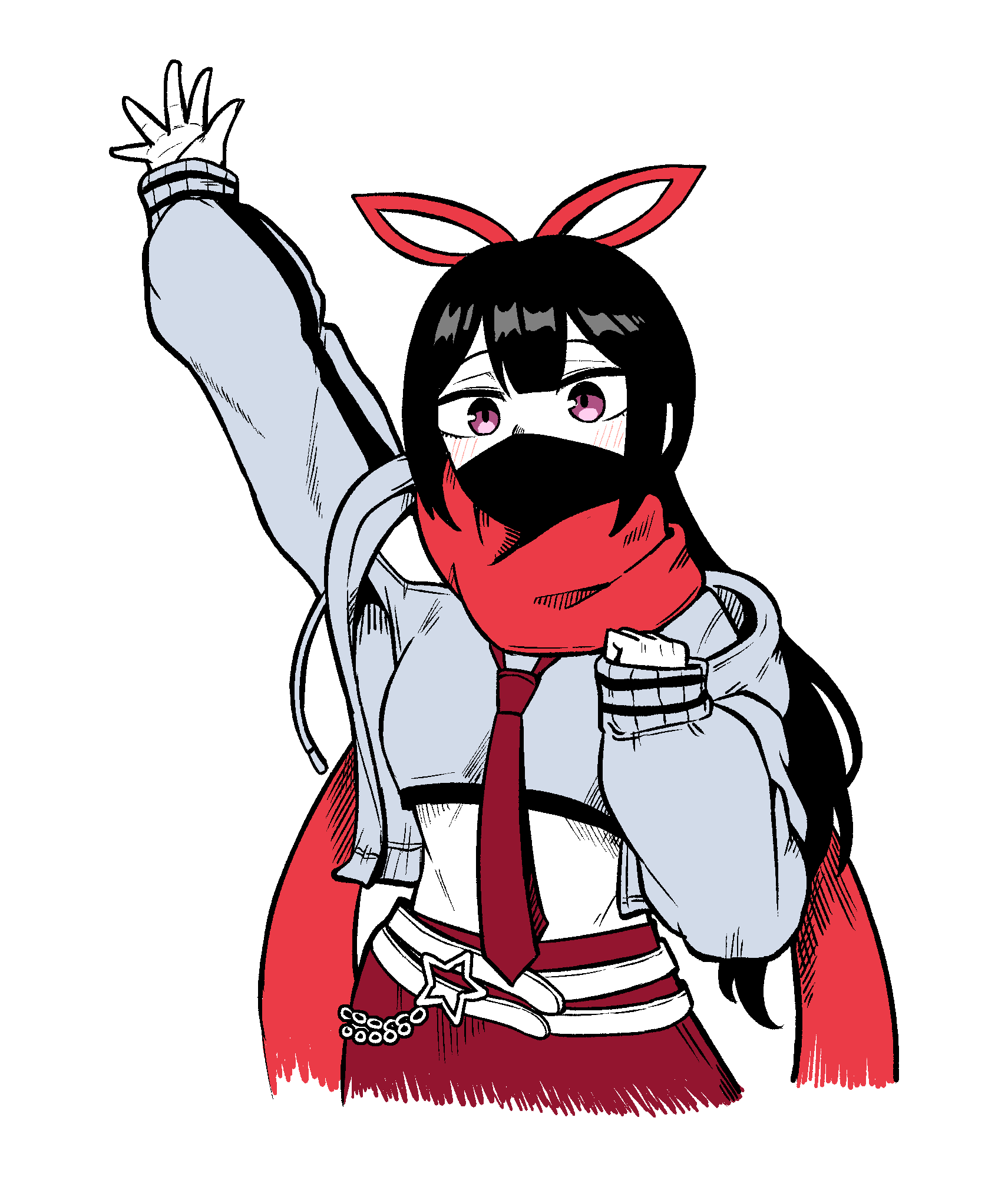 1girl belt black_hair grey_jacket hand_up highres jacket midriff necktie ninja ninnin_(waktaverse) pink_eyes red_necktie red_ribbon red_scarf red_skirt ribbon ryoung_10 scarf simple_background skirt waktaverse white_background white_belt