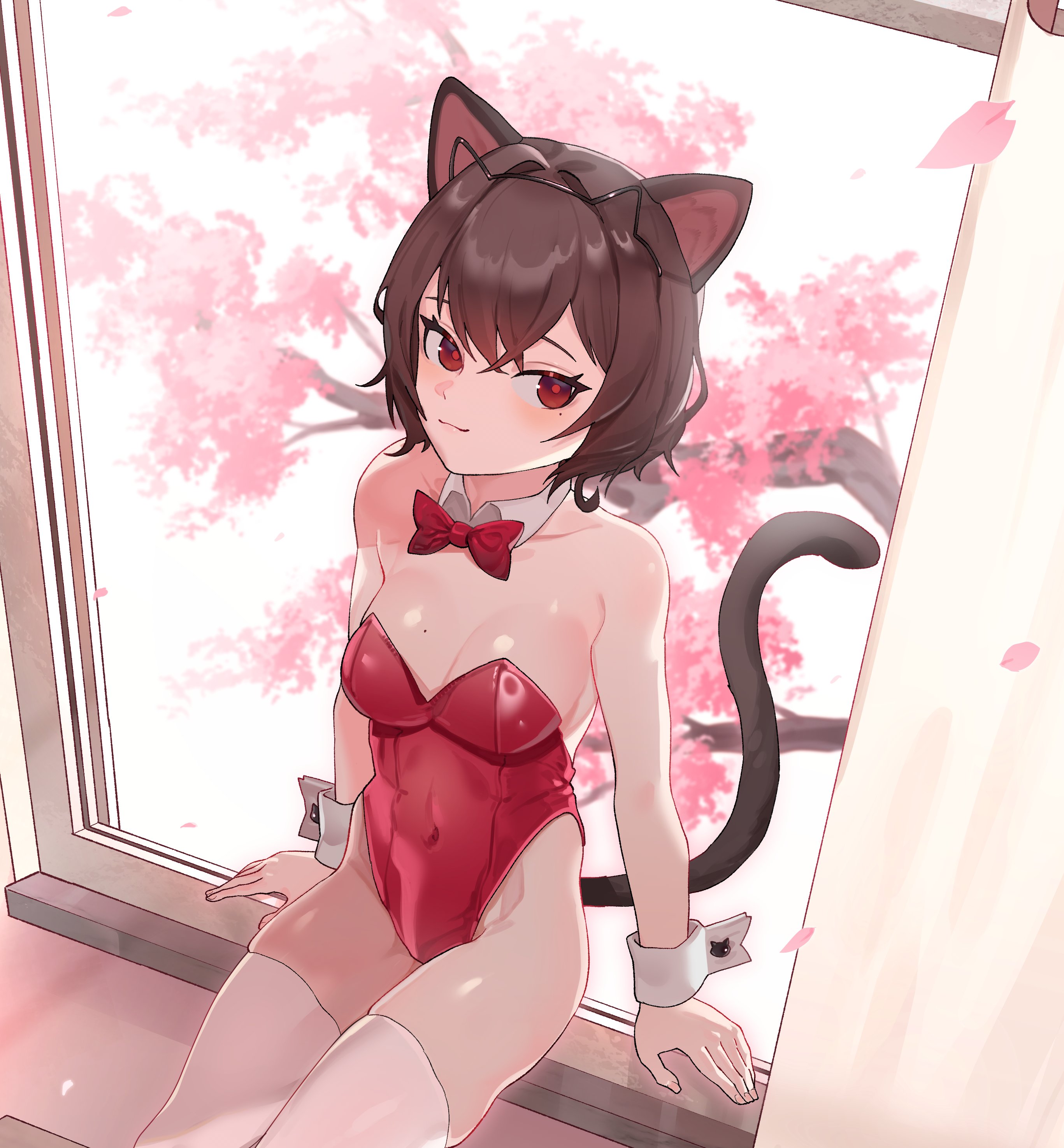 1girl absurdres animal_ear_hairband animal_ears arm_support bare_arms bare_shoulders black_hairband black_tail bow bowtie breasts brown_hair cat_ear_hairband cat_ears cat_tail cherry_blossoms collar commission covered_navel cropped detached_collar fake_animal_ears falling_leaves feet_out_of_frame hairband highleg highleg_leotard highres indoors kittysuit leaf leotard looking_at_viewer medium_breasts mole mole_on_breast mole_under_eye nontraditional_playboy_bunny original playboy_bunny prunechi red_bow red_bowtie red_eyes red_leotard shimiya_jin short_hair sitting sitting_in_window skin_tight skindentation solo strapless strapless_leotard sunlight tail thighhighs white_collar white_thighhighs wing_collar wrist_cuffs