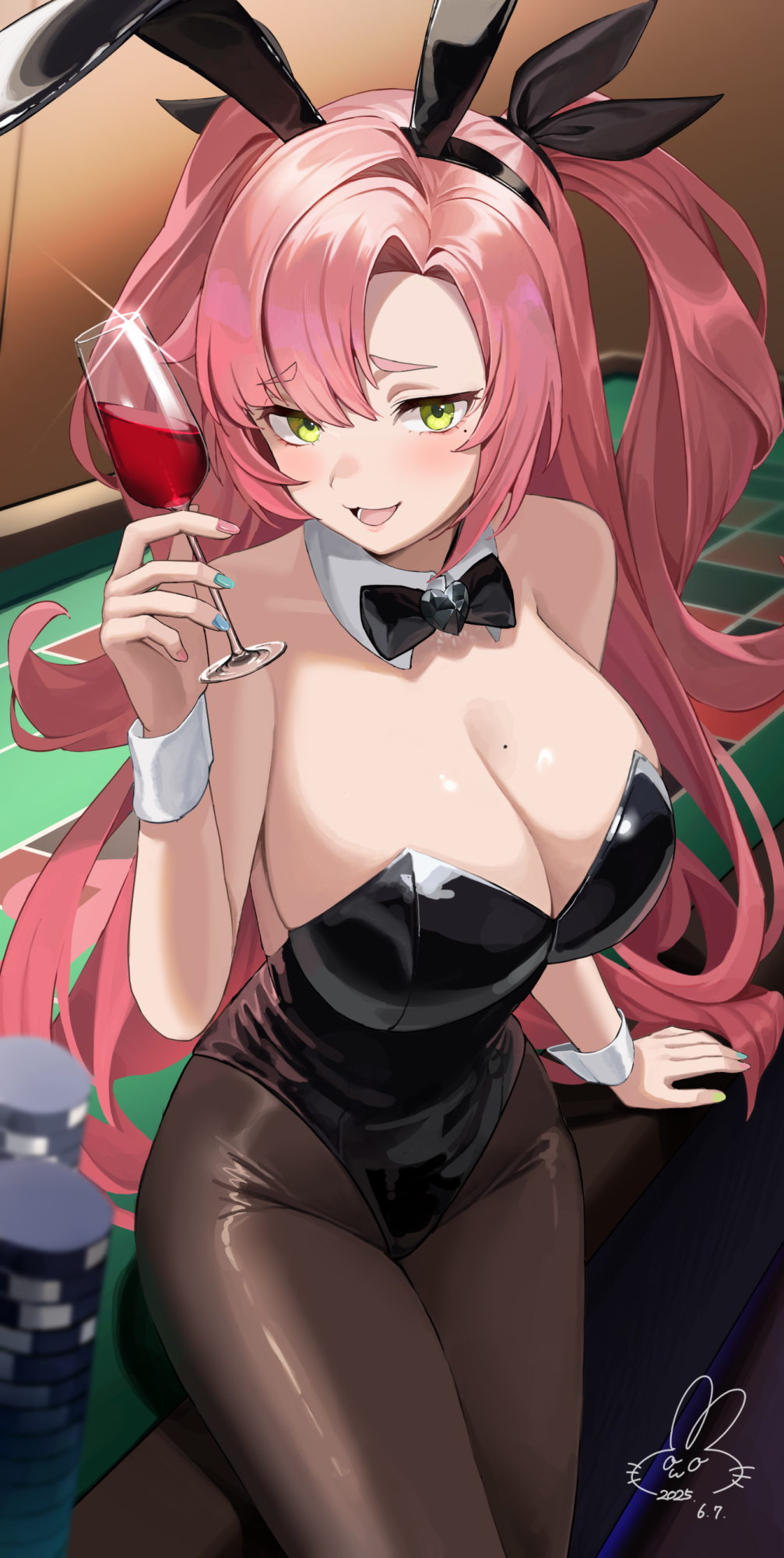 1girl animal_ear_hairband animal_ears awa_(awao141) black_bow black_bowtie black_leotard bow bowtie breasts cup detached_collar drinking_glass fake_animal_ears green_eyes hairband highres holding holding_cup leotard long_hair mole mole_on_breast mole_under_eye nicole_demara pantyhose pink_hair playboy_bunny poker_chip poker_table rabbit_ear_hairband rabbit_ears solo table two_side_up very_long_hair wine_glass wrist_cuffs zenless_zone_zero