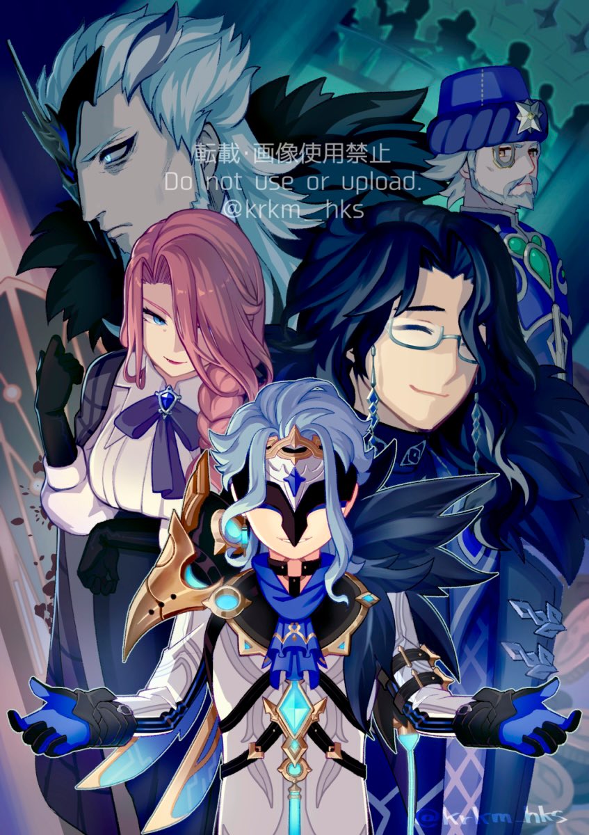 krkm hks, azar (genshin impact), crucabena (genshin impact), dottore  (genshin impact), pantalone (genshin impact), pierro (genshin impact),  genshin impact, highres, 1girl, 4boys, beard, black gloves, black hair,  blue eyes, blue hat, braid,