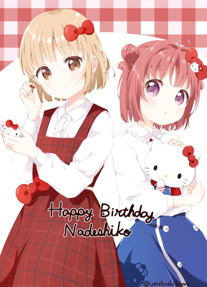 2girls ahoge akaza_akari blonde_hair blue_skirt bow brown_eyes button_up_skirt buttons cellphone center_frills character_doll character_hair_ornament character_print closed_mouth collared_shirt commentary doll double_bun dress dress_bow dress_shirt ear_piercing frilled_shirt_collar frills hair_bow hair_bun hair_ornament happy_birthday hello_kitty hello_kitty_(character) holding holding_doll holding_earrings holding_phone long_sleeves looking_at_viewer mearian multiple_girls oomuro_nadeshiko parted_lips phone piercing pinafore_dress plaid_background plaid_clothes plaid_dress puffy_sleeves purple_eyes red_background red_bow red_dress red_hair sanrio shirt short_hair skirt sleeveless sleeveless_dress smartphone smartphone_case smile twitter_username white_shirt yuruyuri