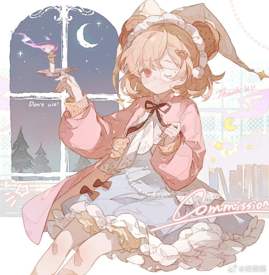 1girl :o animal_ears beads bear_charm bear_ears bloomers blue_dress book bookshelf bow brown_bow brown_hat brown_ribbon candle chinese_commentary coat commentary_request commission cowboy_shot crescent_moon dot_nose dress dress_bow expressionless eyelashes eyepatch fire frilled_dress frilled_hairband frills hair_ornament hairband hairclip hat hat_ornament holding holding_candle indoors knees koiliblikas light_blush light_particles long_sleeves moon neck_ribbon nightcap open_clothes open_coat orange_eyes original parted_lips pine_tree pink_coat pink_fire pom_pom_(clothes) pom_pom_hair_ornament puffy_long_sleeves puffy_sleeves ribbon sample_watermark shirt shooting_star_(symbol) short_dress sitting sky sleeves_past_wrists smoke solo star_(sky) star_(symbol) star_hat_ornament starry_sky thank_you tree twilight underwear watermark weibo_watermark white_background white_hairband white_shirt window yellow_bloomers