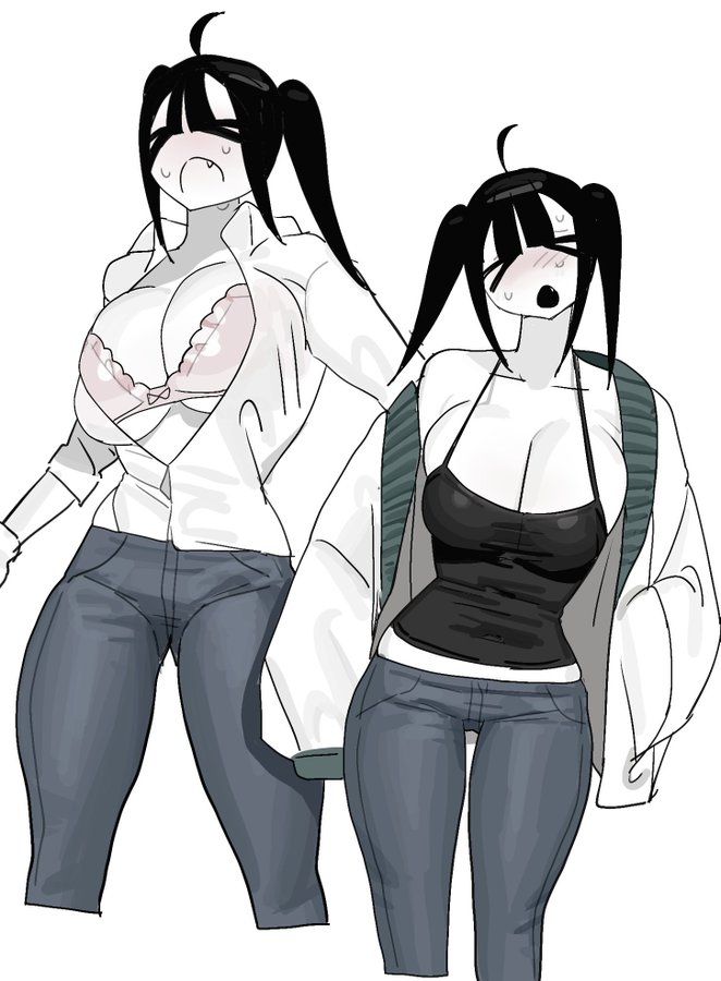 &gt;_&lt; 1girl ahoge bare_shoulders black_hair blush borrowed_character bra breasts cleavage closed_eyes denim eeeeee03714610 huge_breasts jeans long_hair open_clothes open_shirt original pants shirt solo sweat tank_top twintails underwear