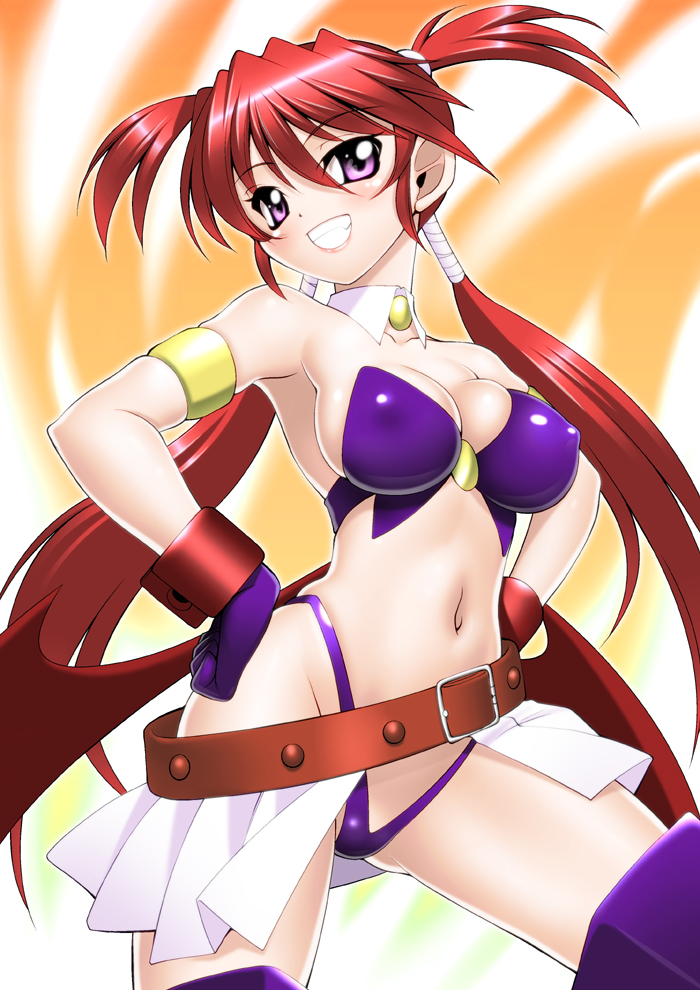 00s 1girl agito_(nanoha) alternate_breast_size armlet armpits breasts buckle cleavage covered_erect_nipples detached_collar doyagao fang female_focus gloves grin hands_on_own_hips highleg highleg_panties jewelry large_breasts lips long_hair lyrical_nanoha mahou_shoujo_lyrical_nanoha_strikers midriff navel panties purple_eyes quad_tails red_hair sakura_ryuuken short_twintails showgirl_skirt sideboob skindentation skirt smile smug solo strapless thighhighs twintails underwear wings