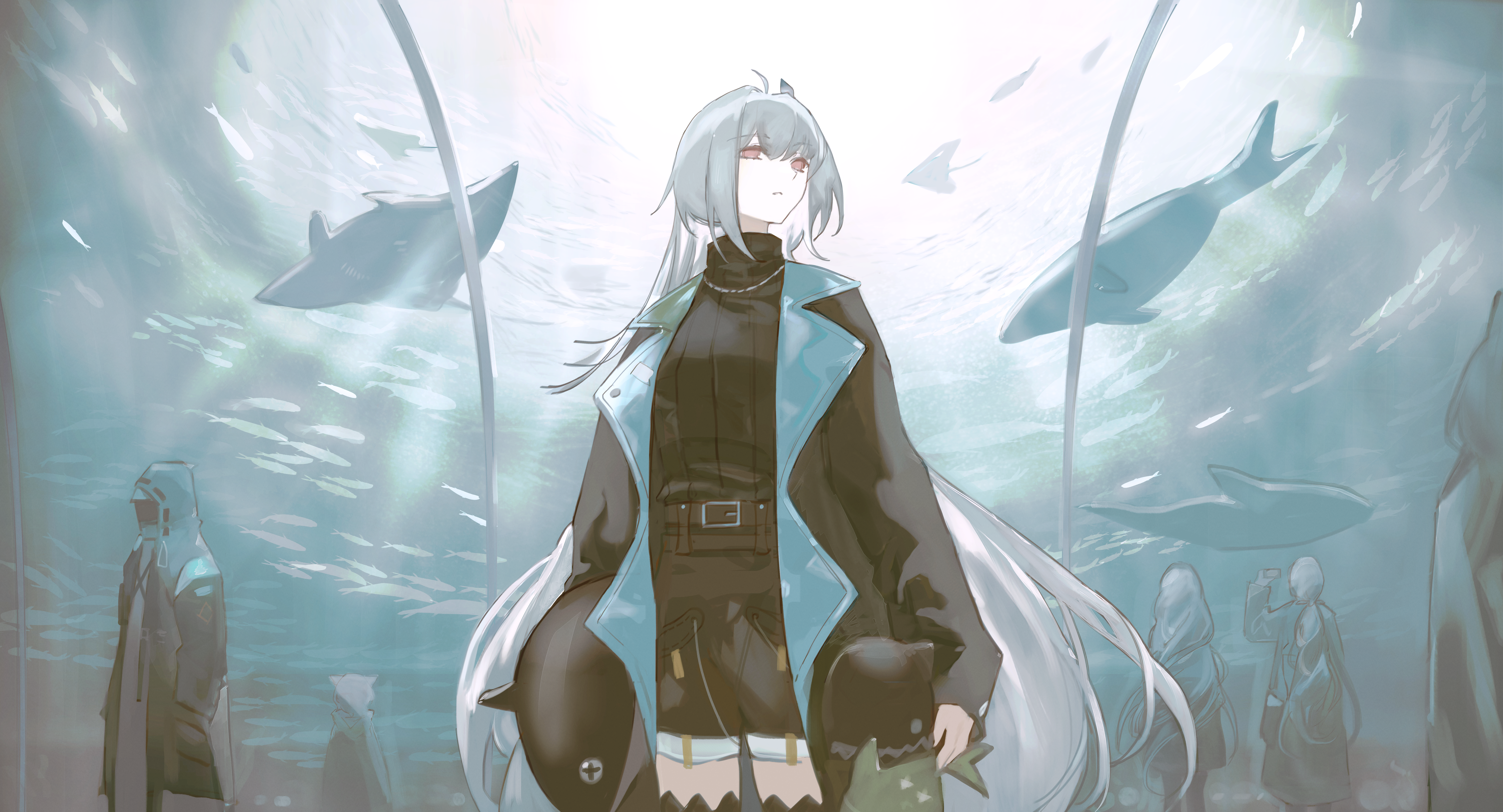 1other 3girls absurdres ahoge ambiguous_gender aquarium arknights belt black_coat black_jacket black_shorts black_sweater cellphone cloak coat cowboy_shot day doctor_(arknights) fish gladiia_(arknights) hair_intakes highres holding holding_phone holding_stuffed_toy hood hood_up hooded_cloak hooded_coat hooded_jacket indoors jacket jewelry long_hair multiple_girls necklace open_clothes open_jacket parted_lips phone ponytail red_eyes shorts skadi_(arknights) skadi_(the_next_afternoon_tea)_(arknights) smartphone specter_(arknights) standing stingray stuffed_animal stuffed_orca stuffed_shark stuffed_toy sweater taking_picture thighhighs turtleneck underwater very_long_hair whale white_hair yuishironeko zettai_ryouiki